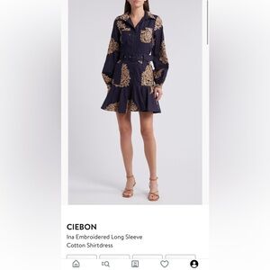 CIEBON Navy and Gold Embroidered Long Sleeve Dress